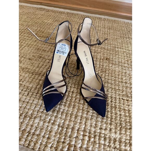 NWT Nine West Navy Ankle Strap Heels Metallic Strappy Pointed Toe Pumps 6M - Picture 2 of 8